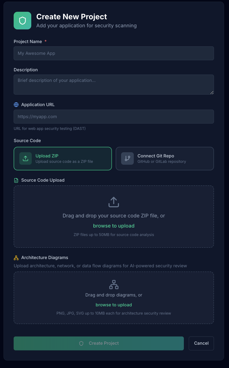 Create project screen
