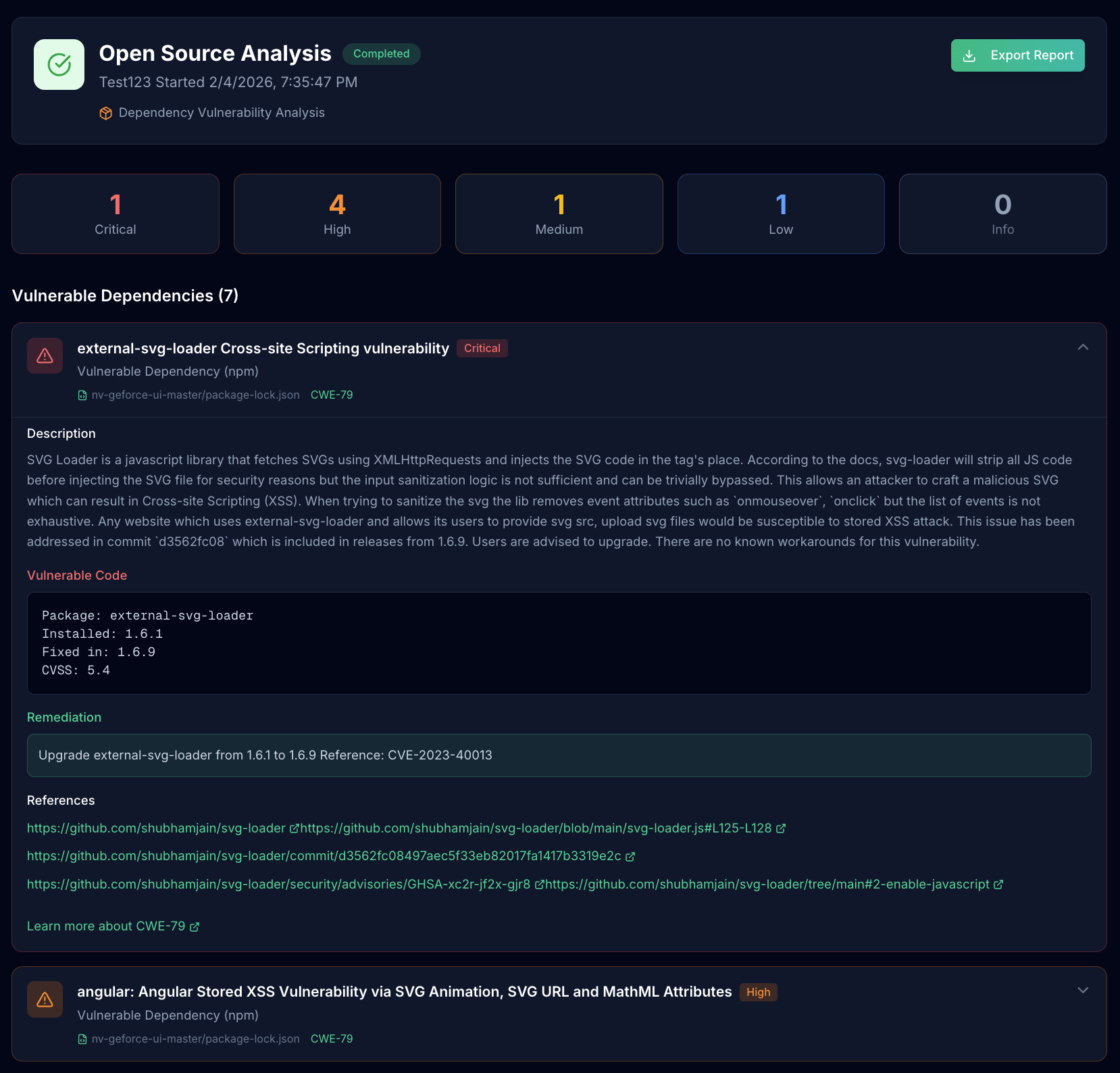 OSS analysis screen